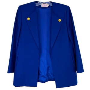 Vintage Cobalt Blue 80s Padded Shoulder Open Front Gold Button Blazer Jacket